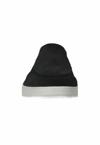 Baskets en daim noir avec un dos arrondi, semelle en caoutchouc blanc et design minimaliste. Texture lisse, profil élancé et sans marquage visible.
