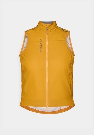 Gul ærmeløs cykelvest med høj krave, der har en frontlynlås, reflekterende detaljer og et buet nederste design. Letvægtigt stof.