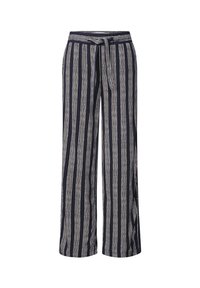 Navy blue wide-leg pants with vertical white stripes and a matching fabric belt tied at the waist.