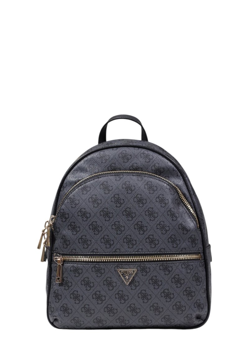 Zaino nero con texture, chiusura a doppia zip, tessuto con motivo a logo, dettagli in hardware dorato e manico superiore.