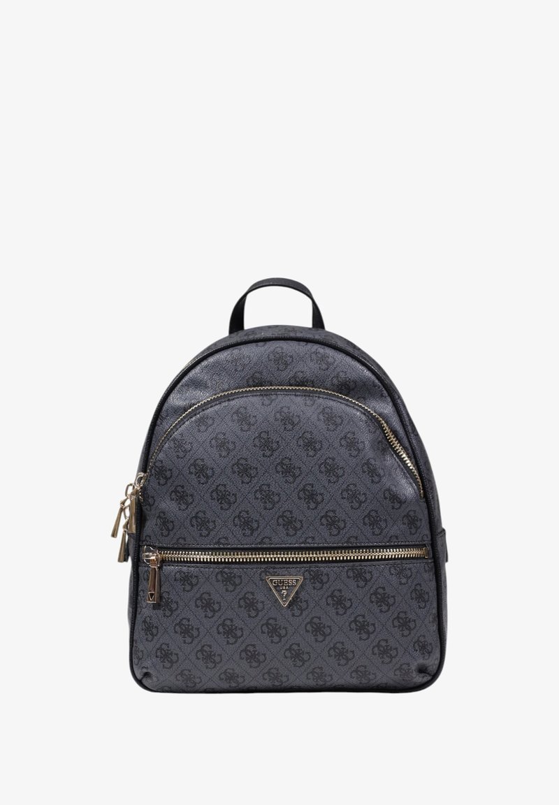 Sac à dos texturé noir avec une fermeture à double zip, tissu à motif logo, accents en métal doré et une poignée supérieure.