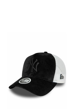 Black velvet baseball cap with a white mesh back, embroidered logo on the front, and a curved bill. Features New Era branding on the side.