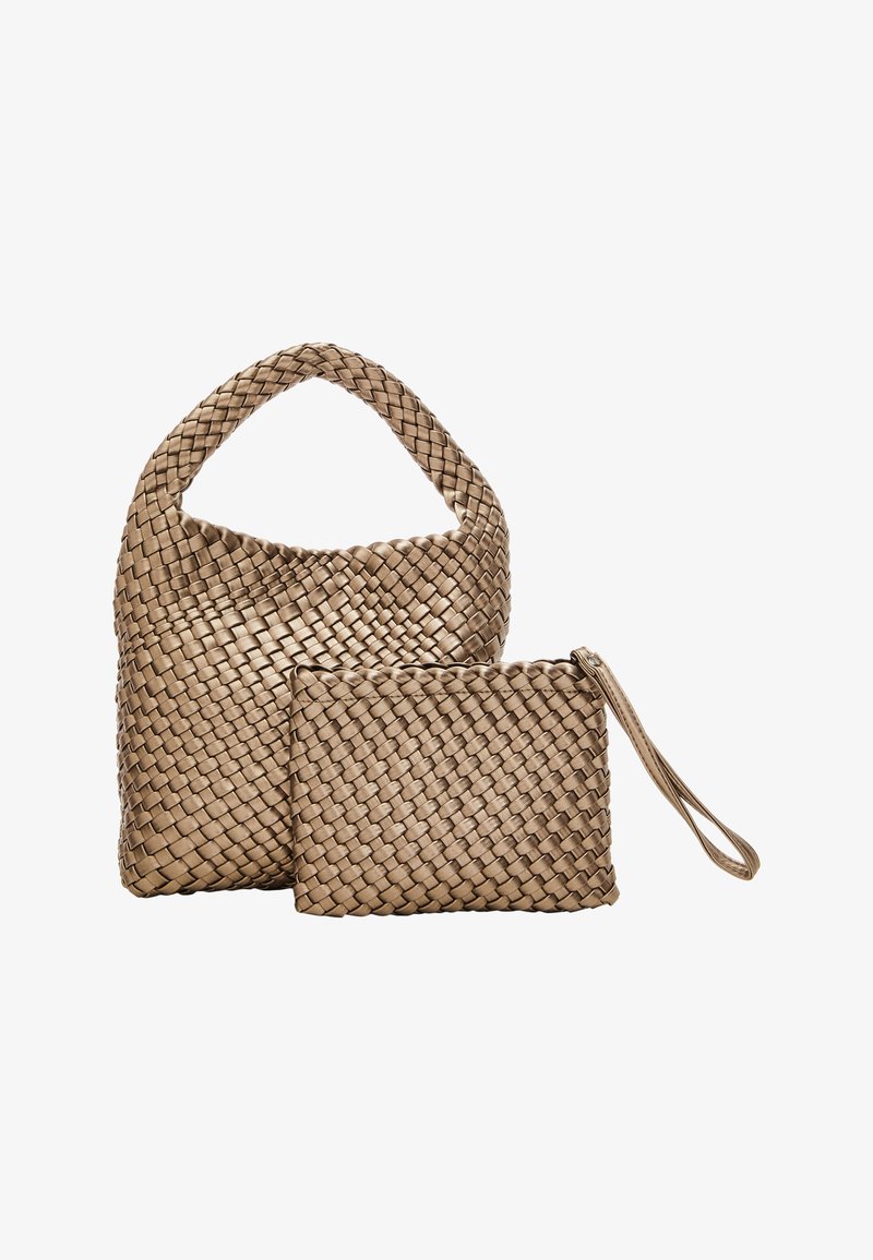 Spleciona torebka w kolorze beżowym z zaokrąglonym uchwytem i pasującą prostokątną saszetką z paskiem na nadgarstek, o gładkiej fakturze i misternym wzorze.