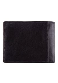 Portefeuille en cuir noir avec une texture lisse, un design slim et des coutures visibles le long des bords. Présente une poche latérale.