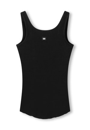 Top in cotone nero a costine con scollo rotondo e un piccolo logo quadrato sul davanti. L'orlo è leggermente curvato nella parte inferiore.