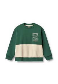 Groene sweatshirt met een crèmekleurig horizontaal paneel, voorzien van een grafische print op de bovenste linkerkant. Gemaakt van zachte stof met geribbelde manchetten.