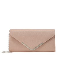 Rose gold clutch made of textured material, featuring a triangular metallic accent and a silver chain strap. Closure is a flap style.