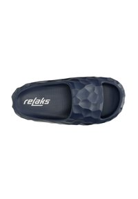 Dark blue slide sandal with a textured, geometric outer surface and a smooth, breathable inner lining. Features the brand name "relaks."