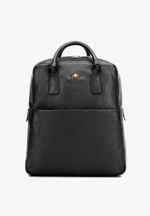 Czarna skórzana plecak z teksturowanym wykończeniem, z górnym uchwytem, złotymi akcentami i przednią kieszenią. Zaprojektowany z myślą o trwałości i stylu.