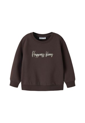 Sweat-shirt marron foncé à manches longues avec poignets et ourlet côtelés, avec le texte en écriture blanche "Happiness blooms" sur le devant.