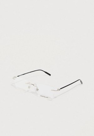 Rimless rektaangulääriset Montblanc-silmälasit ohuilla mustilla sangoilla ja läpinäkyvillä nenätyynyillä valkoisella pinnalla.