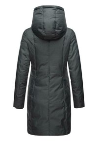 Mörkgrå vadderad jacka med huva, med en slät textur, vertikala sömmar och en knälång design. Inga synliga detaljer eller accenter.