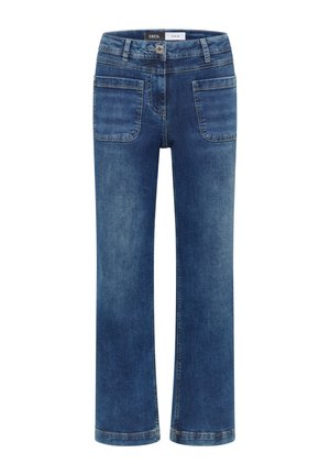 Blå denimjeans med rak benpassform, som har en knappstängning framtill, två framfickor och två bakfickor. Sömmen är synlig längs med sömmarna.