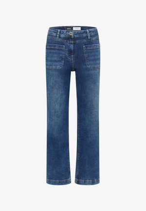 Un jean en denim bleu avec une coupe droite, doté d'une fermeture à boutons, de deux poches avant et de deux poches arrière. Les coutures sont visibles le long des seams.