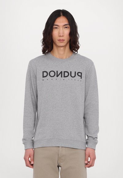 Gray sweatshirt with a crew neckline and long sleeves. Features black text "DONDU" across the chest. Soft cotton blend material.