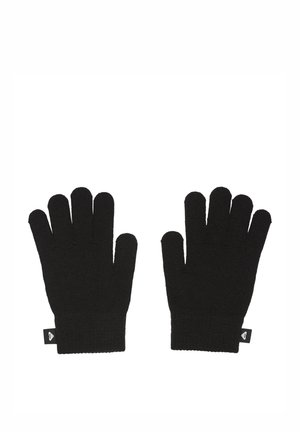 Pair of black knit gloves with five fingers each, laid flat with small fabric tags attached at the wrist.