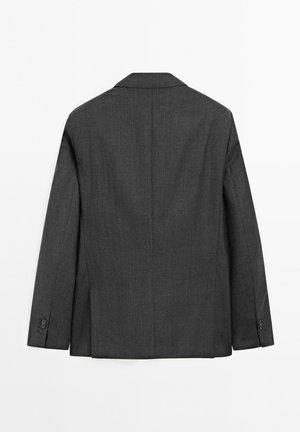 Gray tailored blazer with a textured fabric. Features a notched collar, long sleeves, and two buttons at the cuff. Clean, simple design.