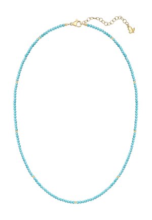 Collier délicat avec petites perles turquoise rondes et perles dorées espacées, fermoir doré et chaîne réglable avec petit pendentif doré.
