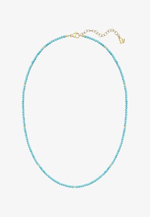 Collier délicat avec petites perles turquoise rondes et perles dorées espacées, fermoir doré et chaîne réglable avec petit pendentif doré.