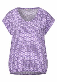 Maglietta viola a maniche corte con scollatura a V e un motivo geometrico bianco. Realizzata in materiale leggero con una vestibilità comoda.