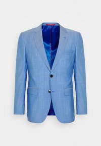 Blazer azzurro chiaro realizzato in tessuto testurizzato con chiusura a un bottone, rever a punta, due tasche frontali e foderatura blu a contrasto.