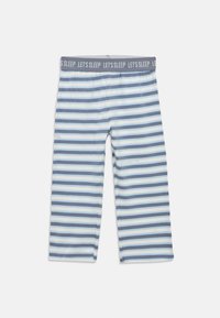 Blue and white striped pajama pants with a grey waistband repeating "LET'S SLEEP" in white text, displayed flat on a white background.