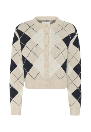 Stickad cardigan i kräm, marinblå och beige. Har ett argyle-mönster, rund halsringning och knäppning fram. Kroppsnära passform.
