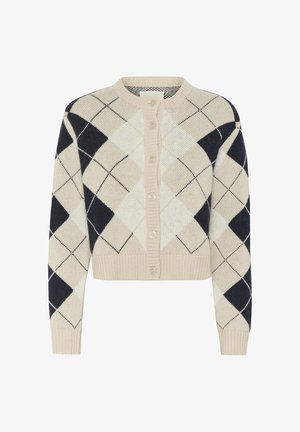Knitted cardigan in cream, navy, and beige. Features an argyle pattern, round neckline, and button closure down the front. Cropped fit.