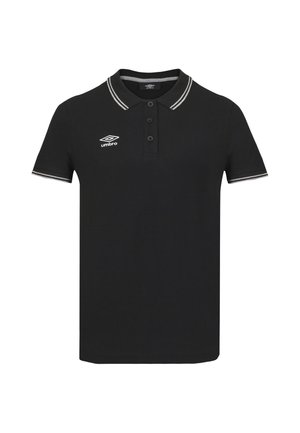 Polo noir à manches courtes avec double rayures blanches sur le col et les manches, patte de boutonnage devant et logo Umbro blanc sur la poitrine.