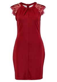 Robe sans manches bourgogne avec une silhouette ajustée, décolleté en trou de serrure et manches en dentelle ornées de motifs floraux.