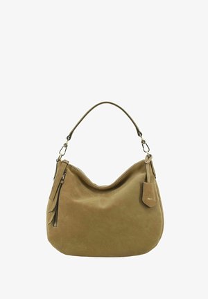 Brown suede handbag with a single shoulder strap, zipper closure, and decorative leather tag hanging from the handle.