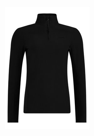 Pull-over en polaire noire à manches longues avec col haut et court zip frontal, doté d'un logo discret de la marque sur la poitrine.