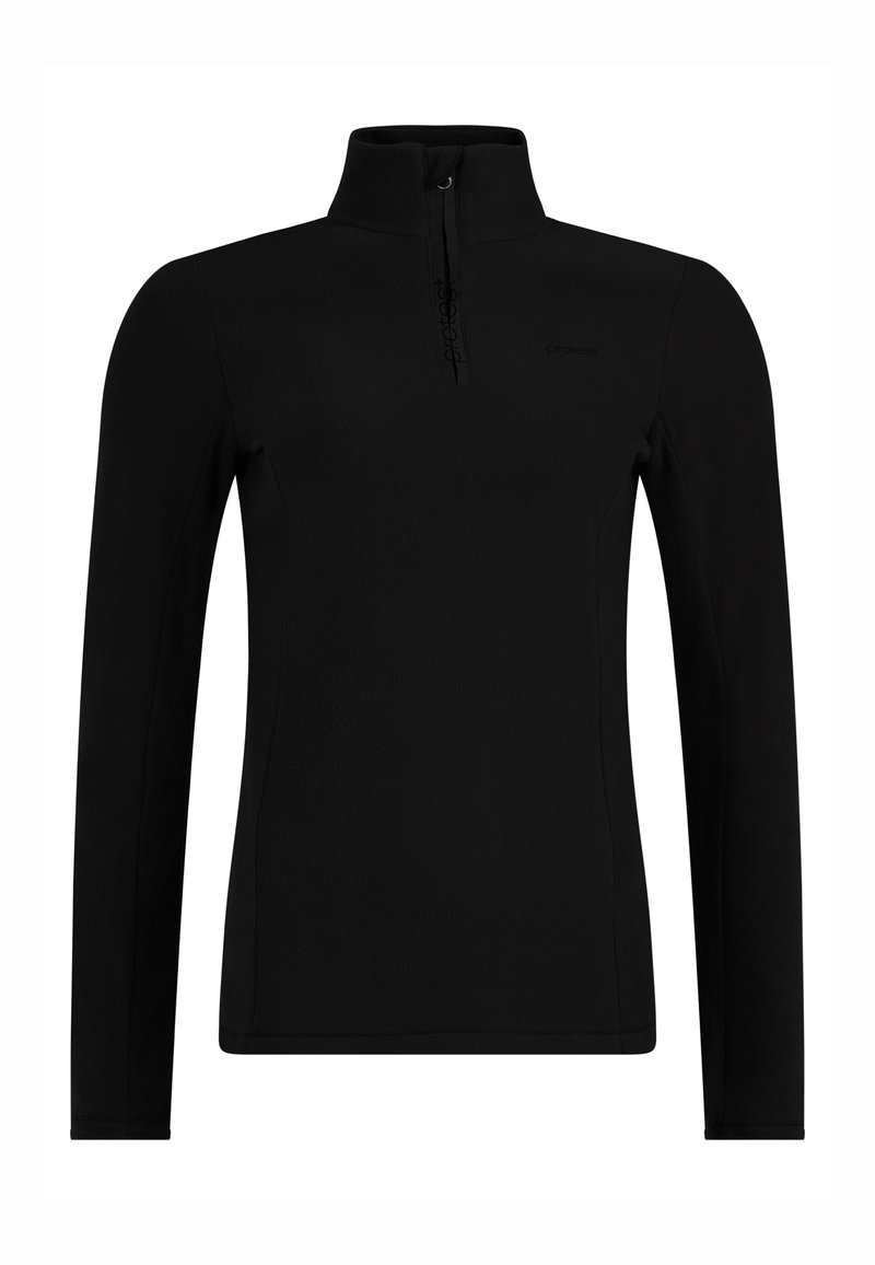 Pull-over en polaire noire à manches longues avec col haut et court zip frontal, doté d'un logo discret de la marque sur la poitrine.