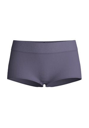 Naadloze donkergrijze boyshorts voor dames met brede tailleband en gladde stof, plat weergegeven op een witte achtergrond.