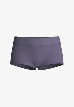 Naadloze donkergrijze boyshorts voor dames met brede tailleband en gladde stof, plat weergegeven op een witte achtergrond.