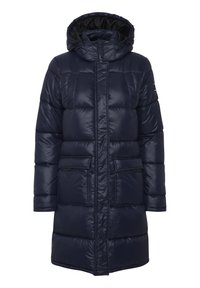 Navyblauwe gewatteerde jas met capuchon, voorzien van een ritssluiting, twee voorzakken en een doorgestikt ontwerp voor warmte en comfort.