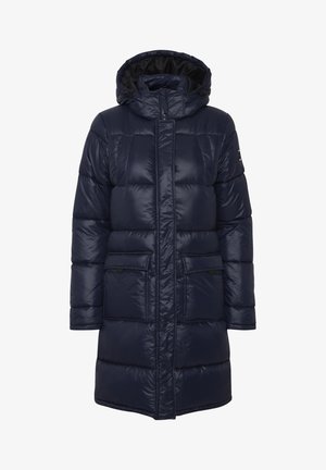 Tamsiai mėlynas pūkinis švarkas su kapišonu, turintis užtrauktuką, dvi priekinės kišenes ir siuvinėtą dizainą šilumai ir komfortui.