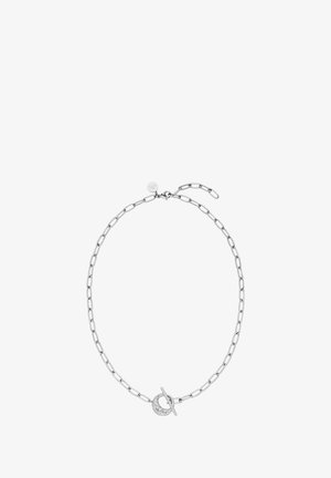 Silberne Halskette mit verlängerten Gliedern, einem runden Toggle-Verschluss und einem kreisförmigen Akzent mit kleinen klaren Steinen.