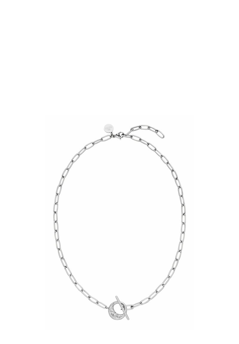 Silberne Halskette mit verlängerten Gliedern, einem runden Toggle-Verschluss und einem kreisförmigen Akzent mit kleinen klaren Steinen.