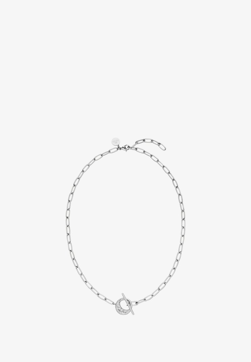 Silberne Halskette mit verlängerten Gliedern, einem runden Toggle-Verschluss und einem kreisförmigen Akzent mit kleinen klaren Steinen.