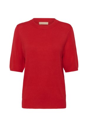 Punane lühikeste varrukatega kampsun, mis on valmistatud pehmest kootud kangast, ümara kaelusega ja mugava lõikega, lihtsa ja sujuva tekstuuriga.