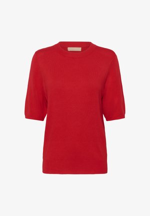 Punane lühikeste varrukatega kampsun, mis on valmistatud pehmest kootud kangast, ümara kaelusega ja mugava lõikega, lihtsa ja sujuva tekstuuriga.