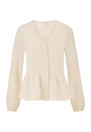 Cremefarbene, langärmelige Bluse mit Knöpfen, strukturiertem Stoff und Schößchen-Saum.