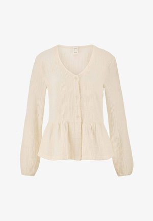 Cremefarbene, langärmelige Bluse mit Knöpfen, strukturiertem Stoff und Schößchen-Saum.