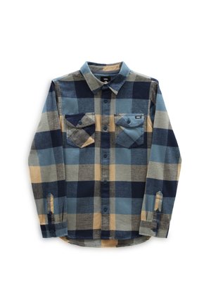 Herreskjorte med lange ærmer og knapper, i et stort ternet mønster i blå, beige og grå farver, med to klaplommer foran.