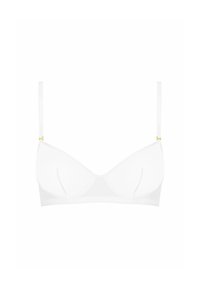 Soutien-gorge blanc avec une texture lisse, des bonnets triangulaires doux, des bretelles fines et réglables, et des accents en métal doré sur les bretelles.
