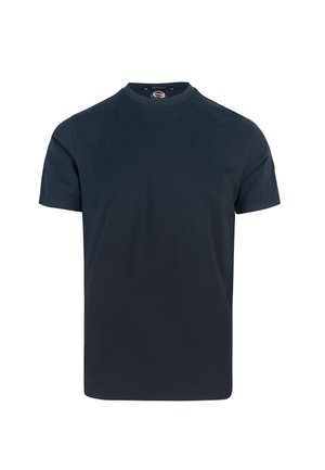 T-shirt di cotone blu navy con scollatura rotonda, maniche corte e una texture liscia. Nessun motivo o dettaglio visibile. Vestibilità classica.