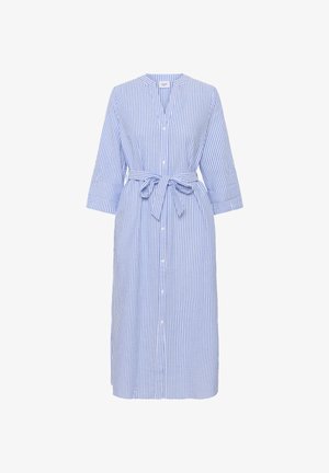 Blauw-wit gestreepte button-up jurk met driekwart mouwen, tailleband en kraag, met een rechte snit en een zachte textuur.