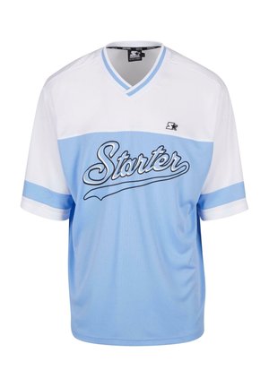 Heled sinine ja valge lühikeste varrukatega särk V-kaelusega, mille ees on kätkine font "Starter" logo. Tekstuuriga kangas.