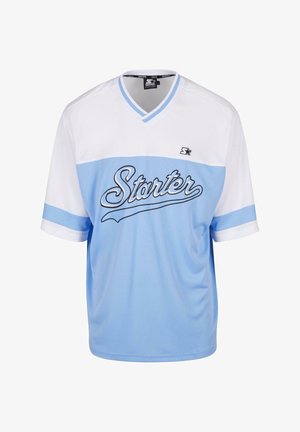 Gaiši zila un balta īsām piedurknēm džersija ar V veida kaklu un "Starter" logo kursīva fontā uz priekšu. Kvalitatīva tekstūra.